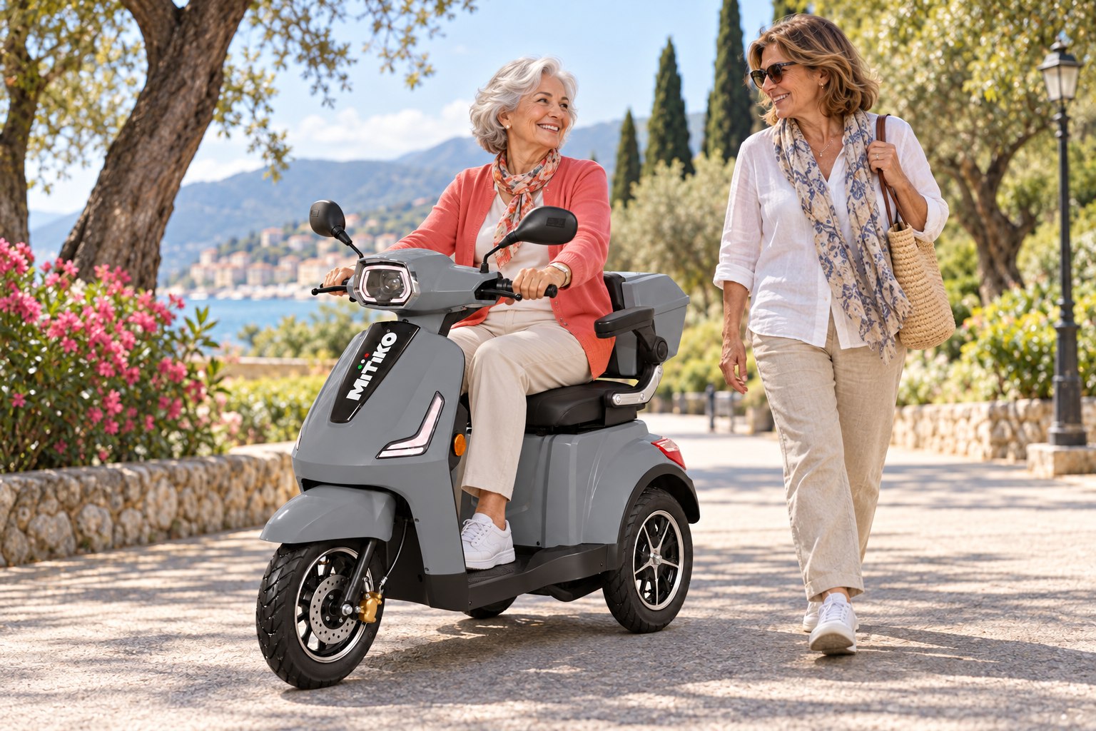 Scena ambientata creata con AI: persone a bordo di uno scooter MITIKO